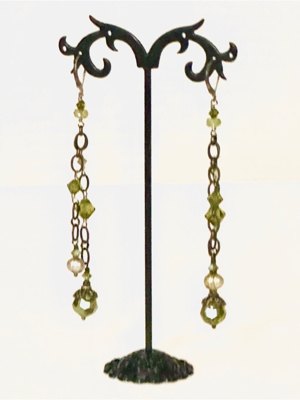 Boho-chic Vintage Green Glass Bead Dangle Earrings with Faux Pearl Accents